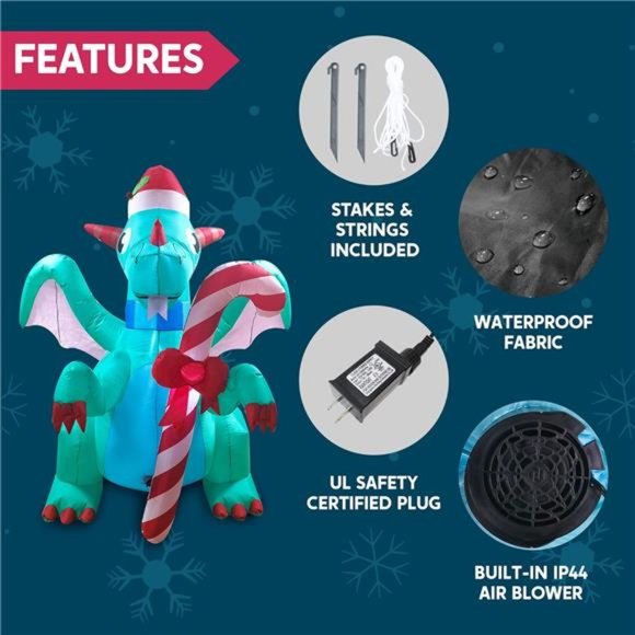 6 FT Christmas Blow Up Dragon Inflatable with Candy Cane with Build-in LEDs - Picture 6 of 7